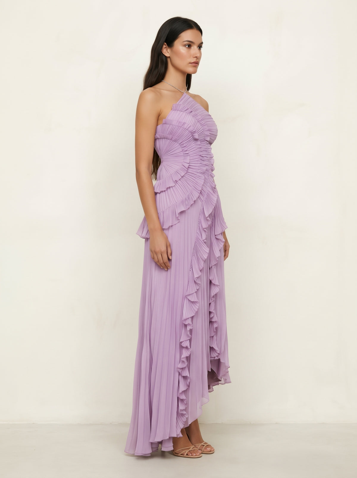 Flowy Pleated Halter  Vacation Purpel Dress