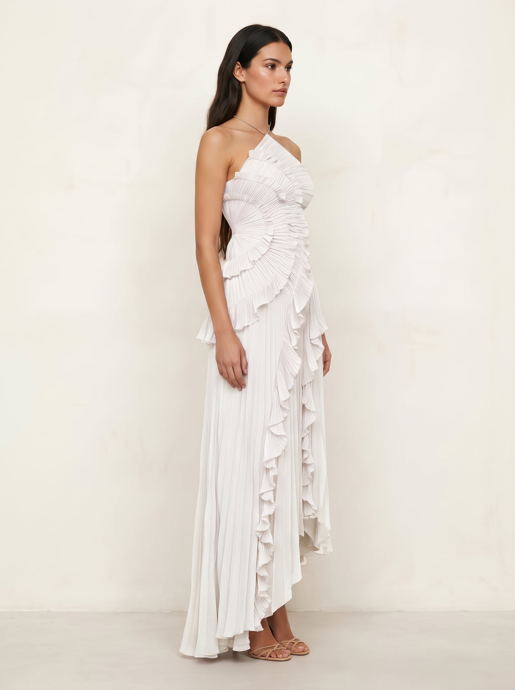 Flowy Pleated Halter  Vacation White Dress