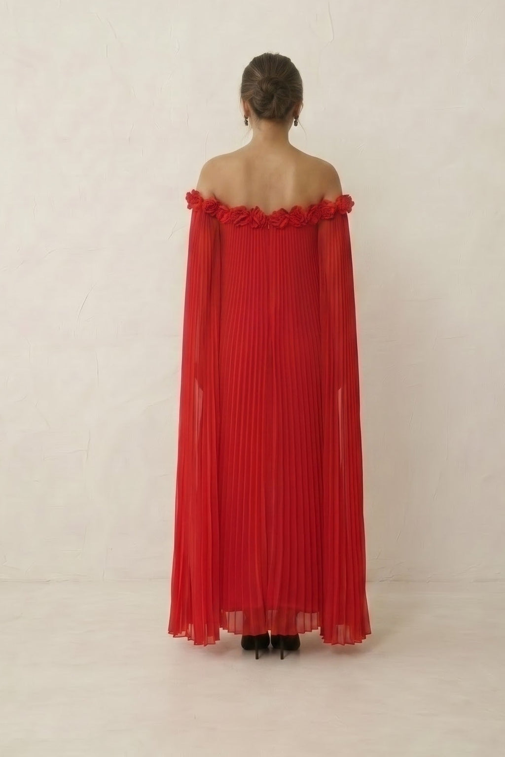 Red 3D Rose Pleated Maxi Dress