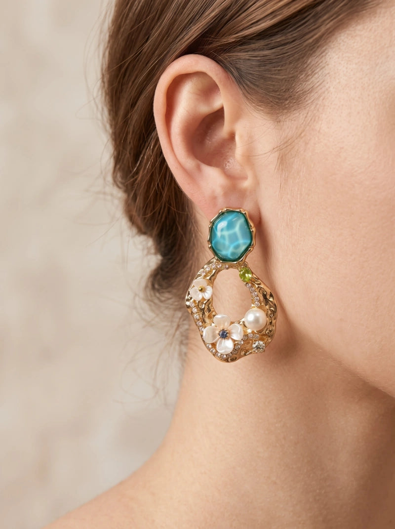 Turquoise Floral Pearl Drop Earrings