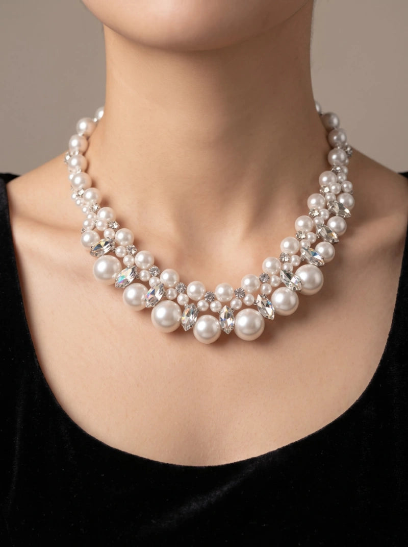Double-Row Pearl Crystal Cluster Necklace