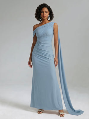 Blue One Shoulder Ruched Maxi Dress