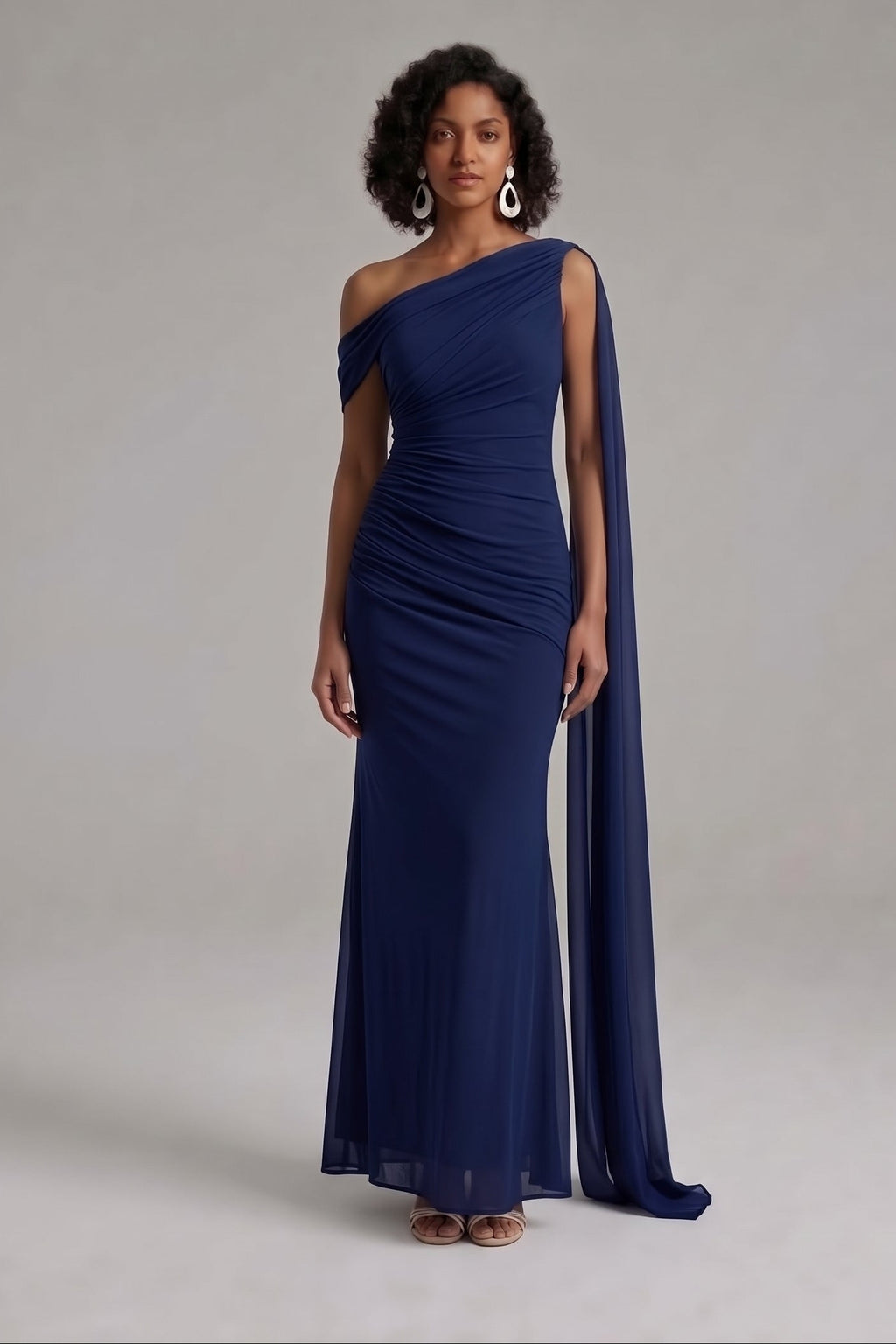 Navy One Shoulder Ruched Maxi Dress