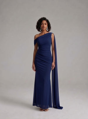 Navy One Shoulder Ruched Maxi Dress