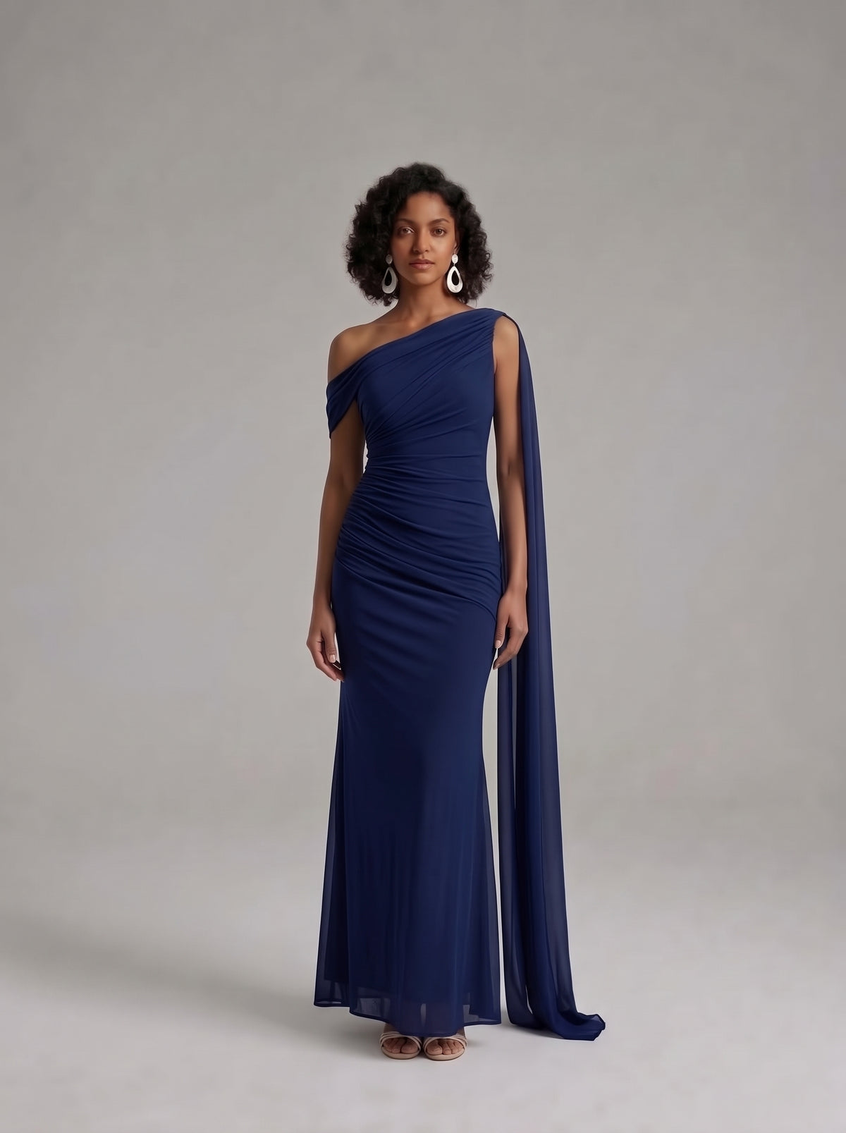 Navy One Shoulder Ruched Maxi Dress