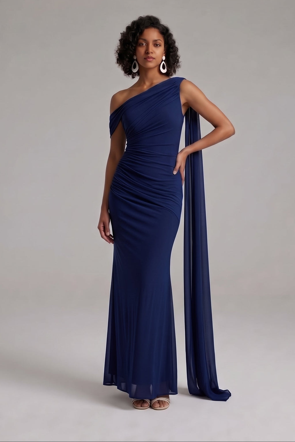 Navy One Shoulder Ruched Maxi Dress