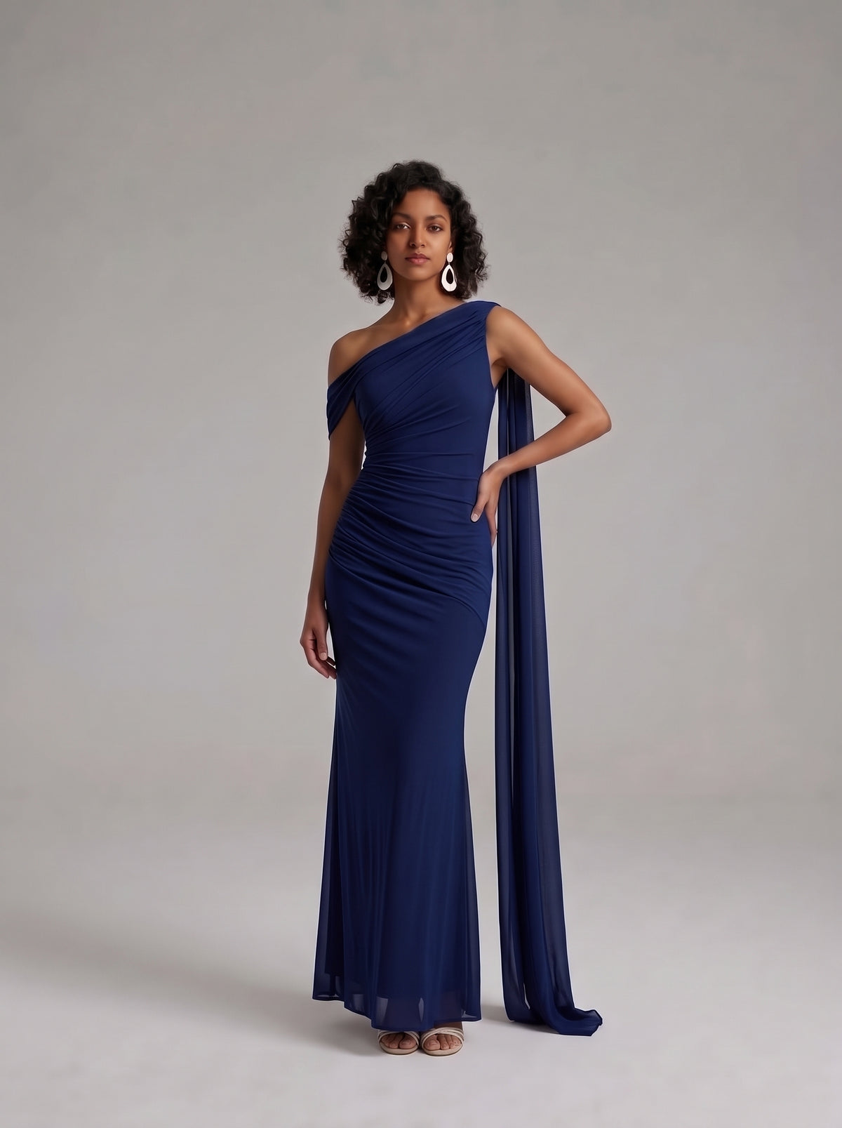 Navy One Shoulder Ruched Maxi Dress