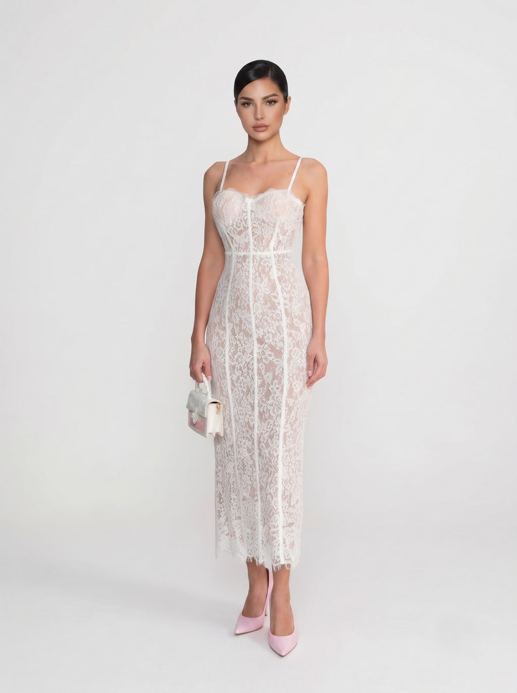 White Lace Midi Dress Elegant Cocktail
