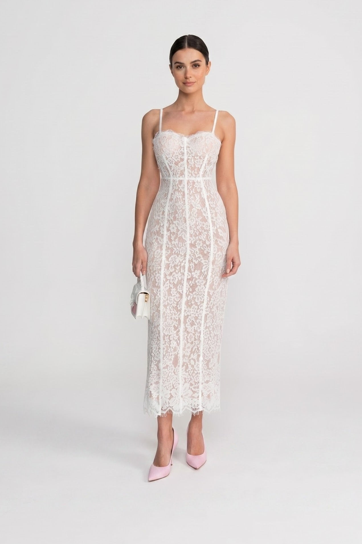 White Lace Midi Dress Elegant Cocktail