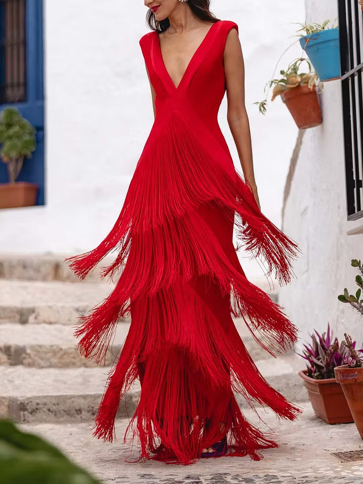Red Fringe Plunge V Neck Tassel Maxi Dress