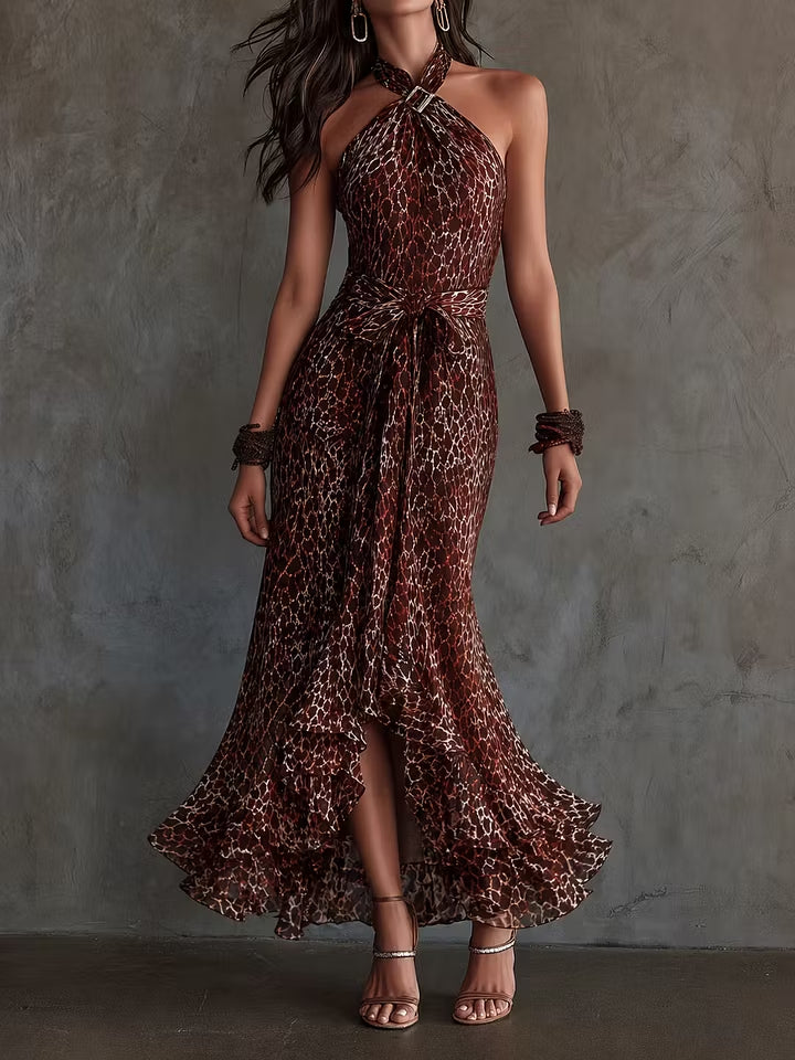 Leopard Print Halter Maxi Dress