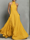 Mustard Yellow Halter Neck Flowing A-Line Maxi Dress