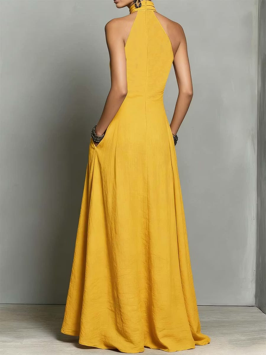 Mustard Yellow Halter Neck Flowing A-Line Maxi Dress