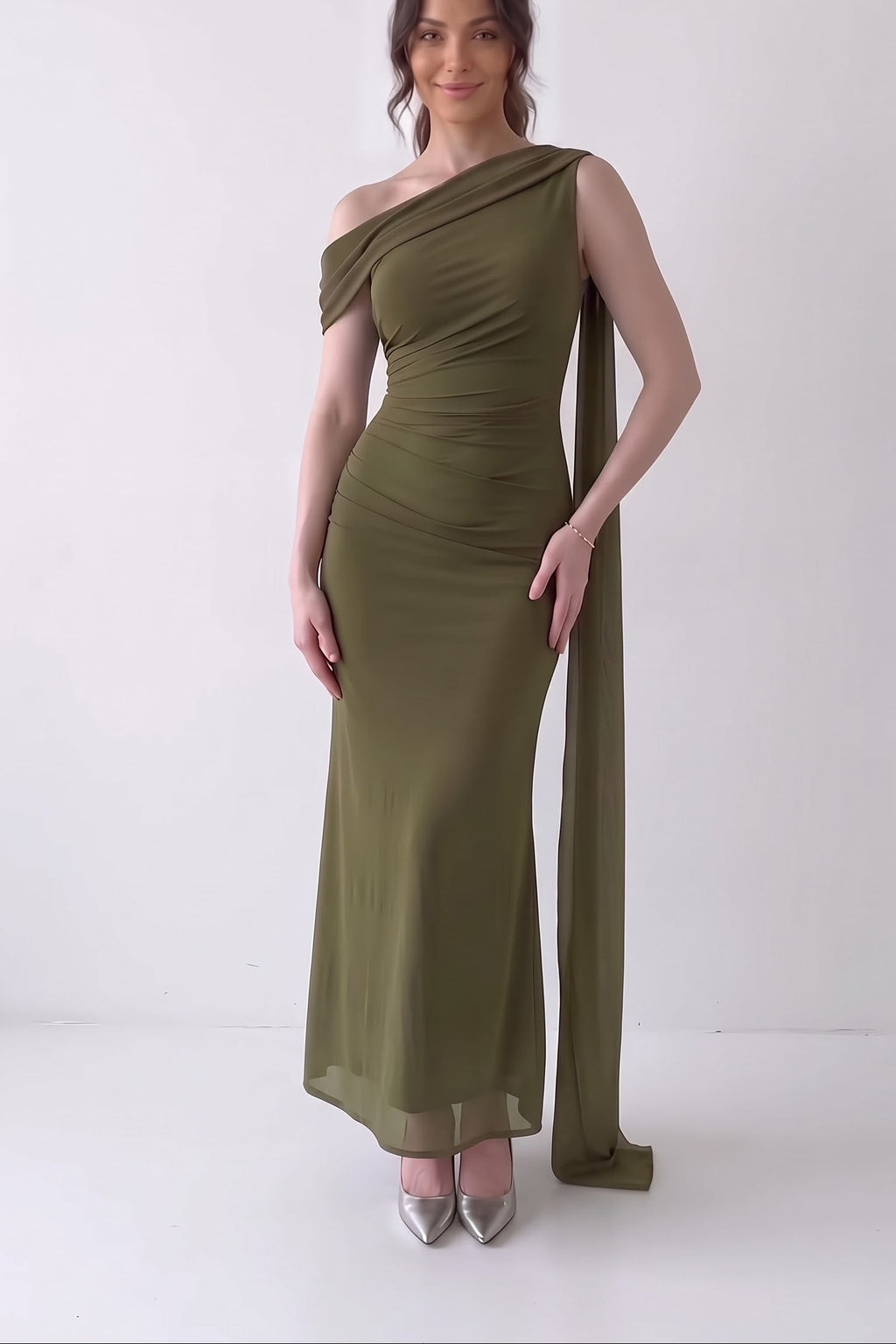 Olive One Shoulder Ruched Maxi Dress