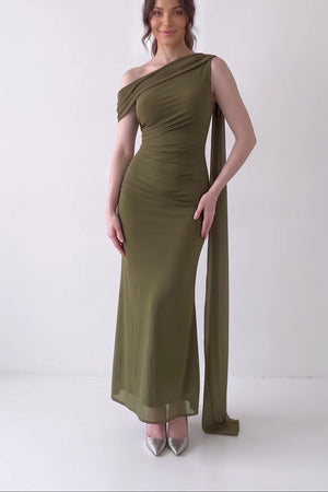 Olive One Shoulder Ruched Maxi Dress
