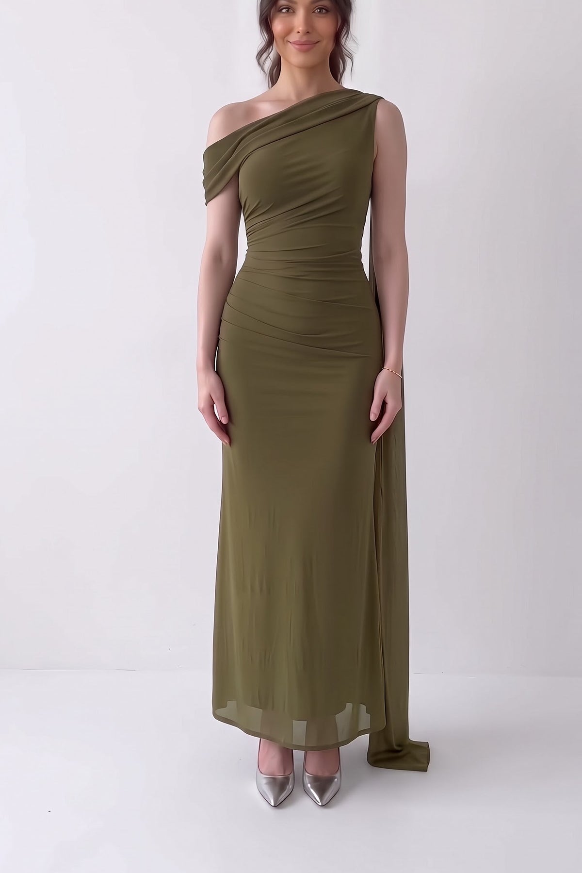 Olive One Shoulder Ruched Maxi Dress