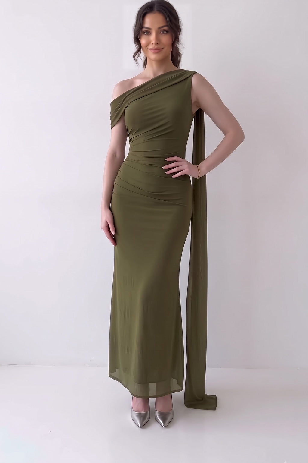 Olive One Shoulder Ruched Maxi Dress