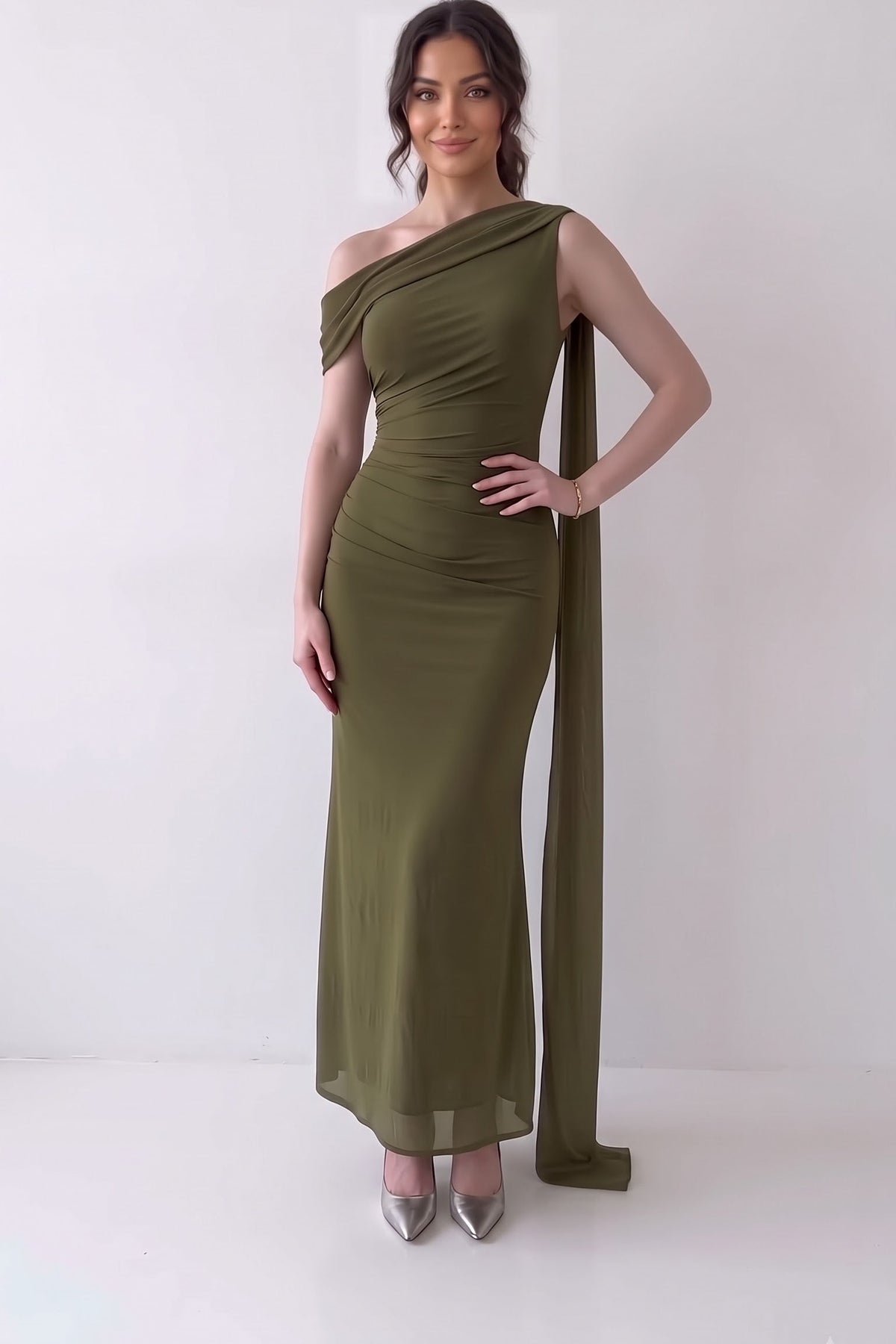 Olive One Shoulder Ruched Maxi Dress