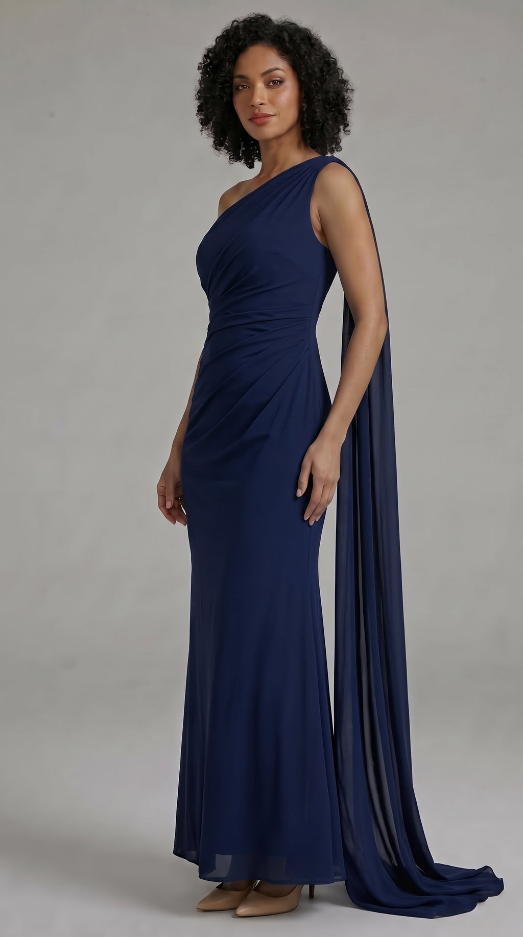 Navy One Shoulder Ruched Maxi Dress