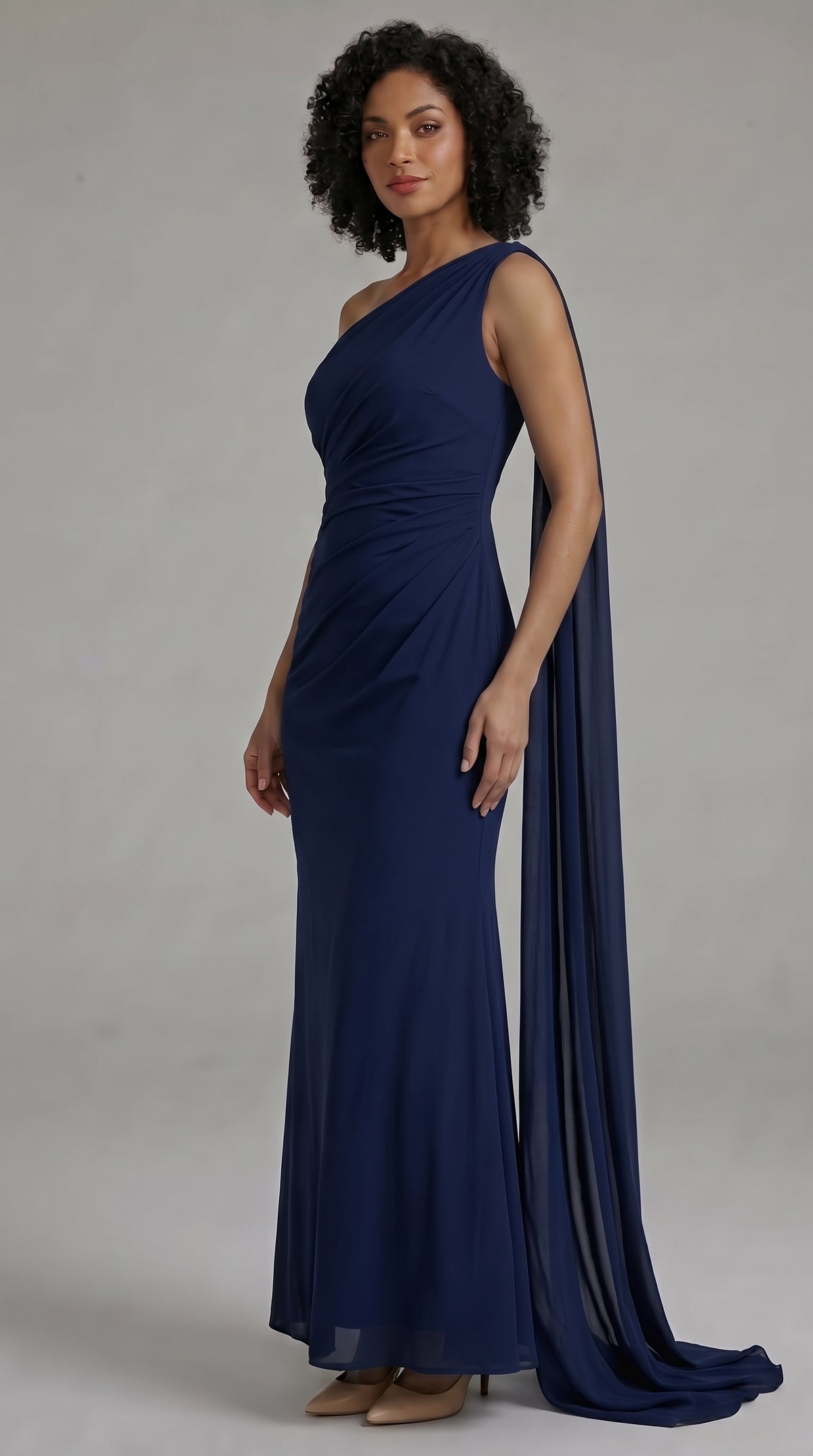 Navy One Shoulder Ruched Maxi Dress