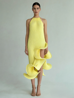 3D Curved Ruffle Yellow Pleated Midi Dress