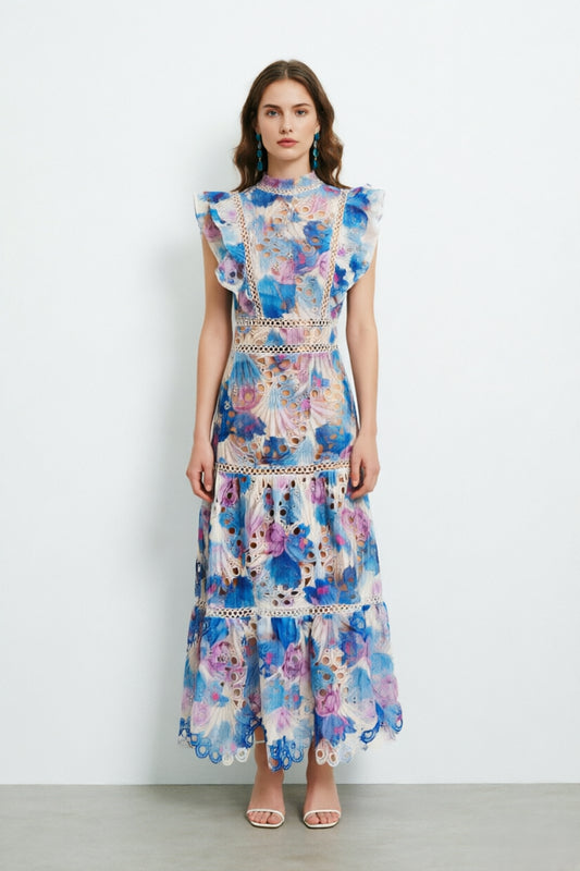 Embroidered   Ruffle Sleeve Maxi Dress