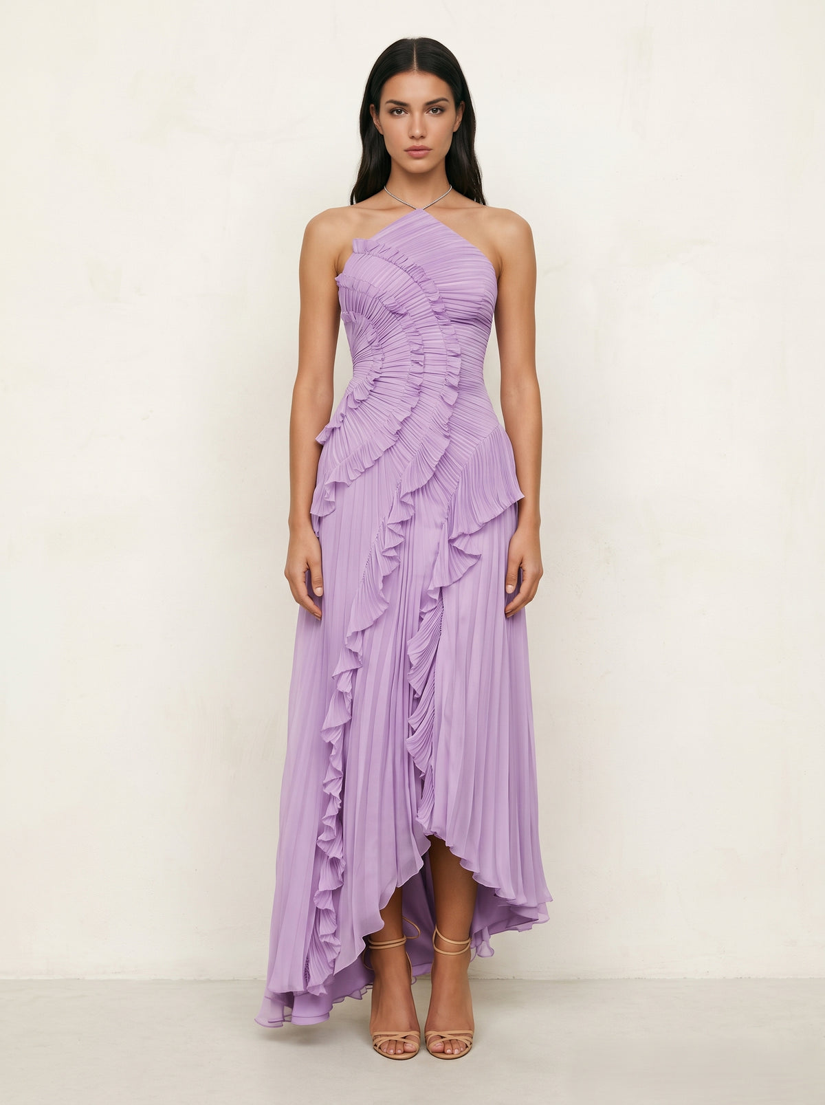 Flowy Pleated Halter  Vacation Purpel Dress