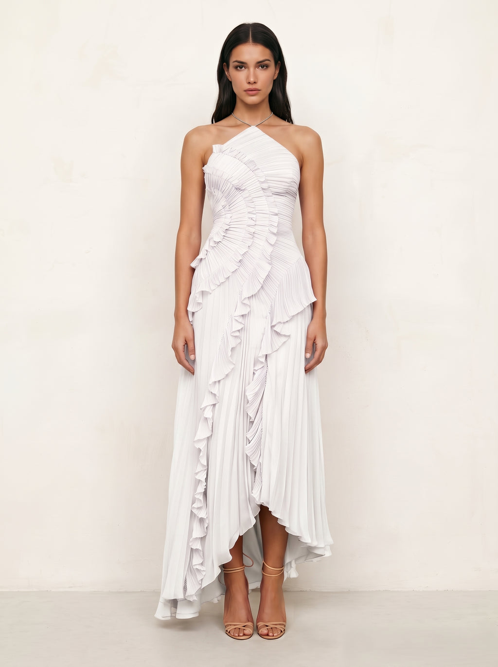 Flowy Pleated Halter  Vacation White Dress