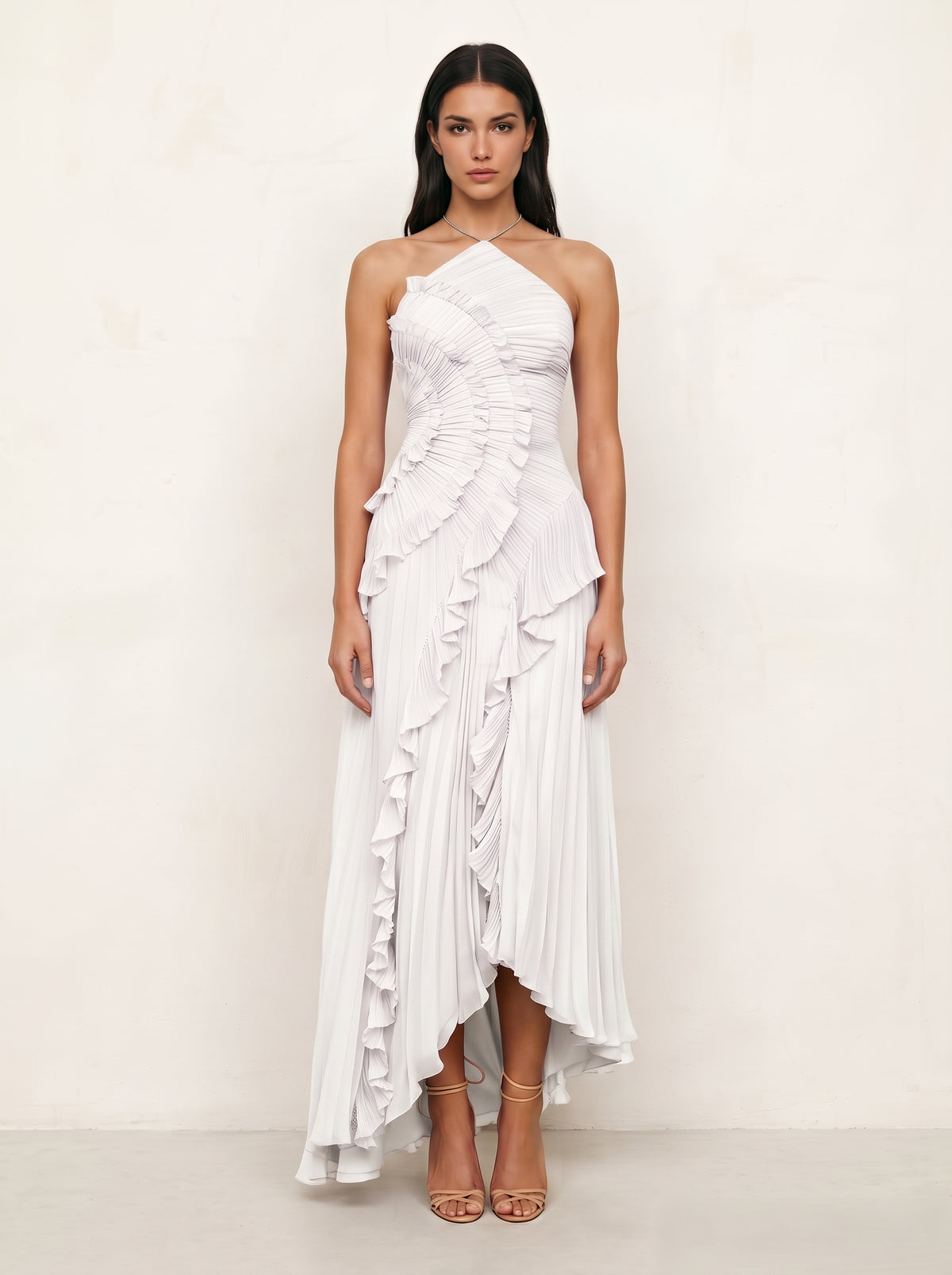 Flowy Pleated Halter  Vacation White Dress