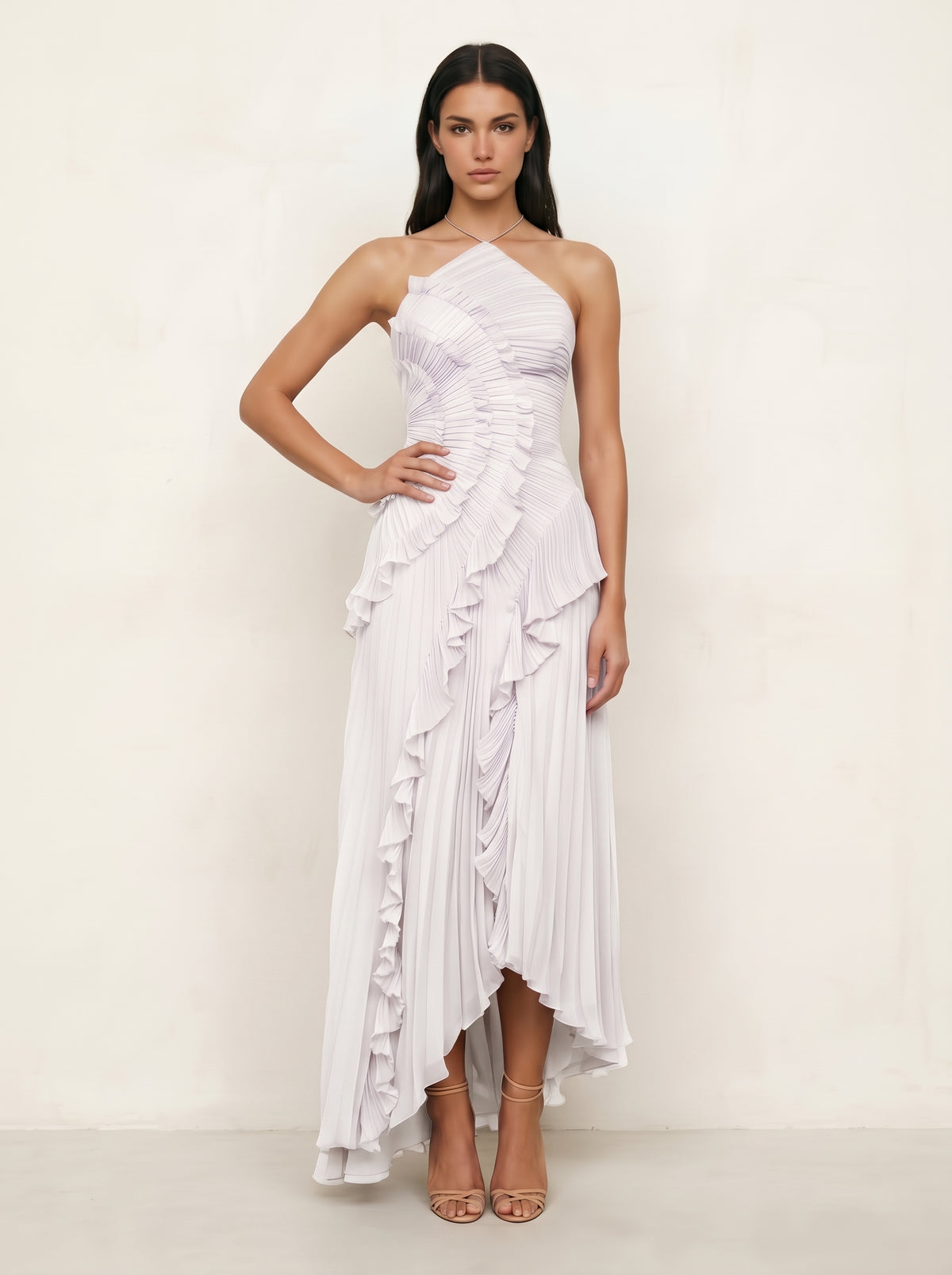 Flowy Pleated Halter  Vacation White Dress