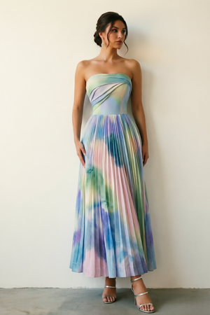 Tie Dye Strapless Pleated Midi Dress