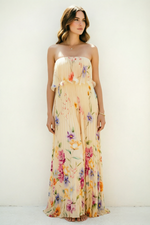 Vacation Floral Pleated Maxi Dress