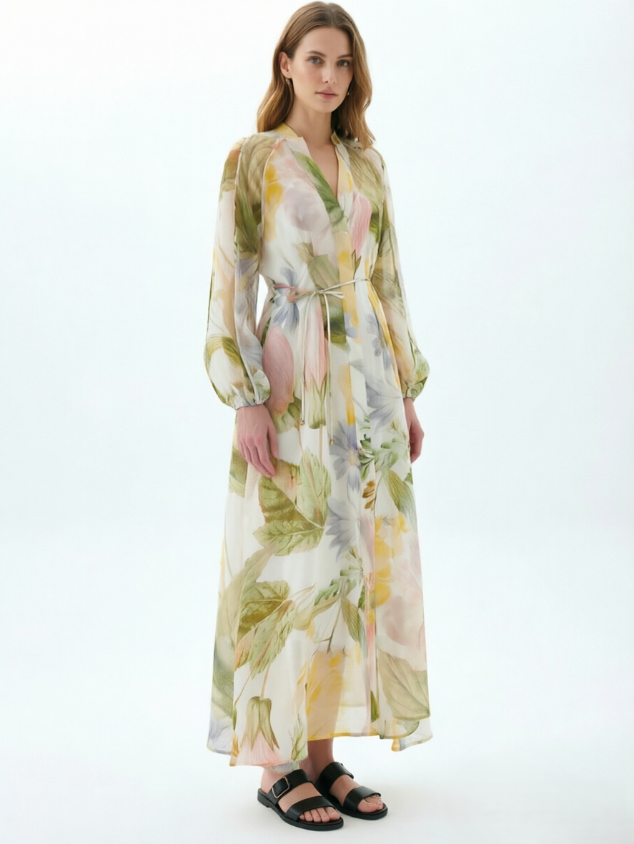 Watercolor Floral Print Chiffon Maxi Dress