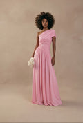 Rosa drapiertes schulterfreies Abendkleid