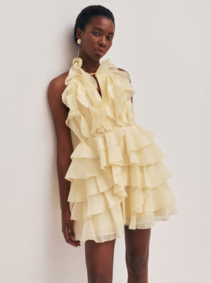 Butterfarbenes, gestuftes Mini-Rüschenkleid