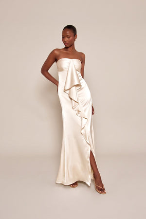 Elegantes trägerloses Maxikleid aus drapiertem Satin
