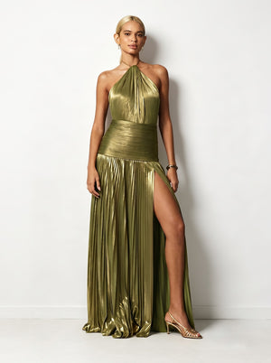 Luxury Metallic Pleated Halter Gown