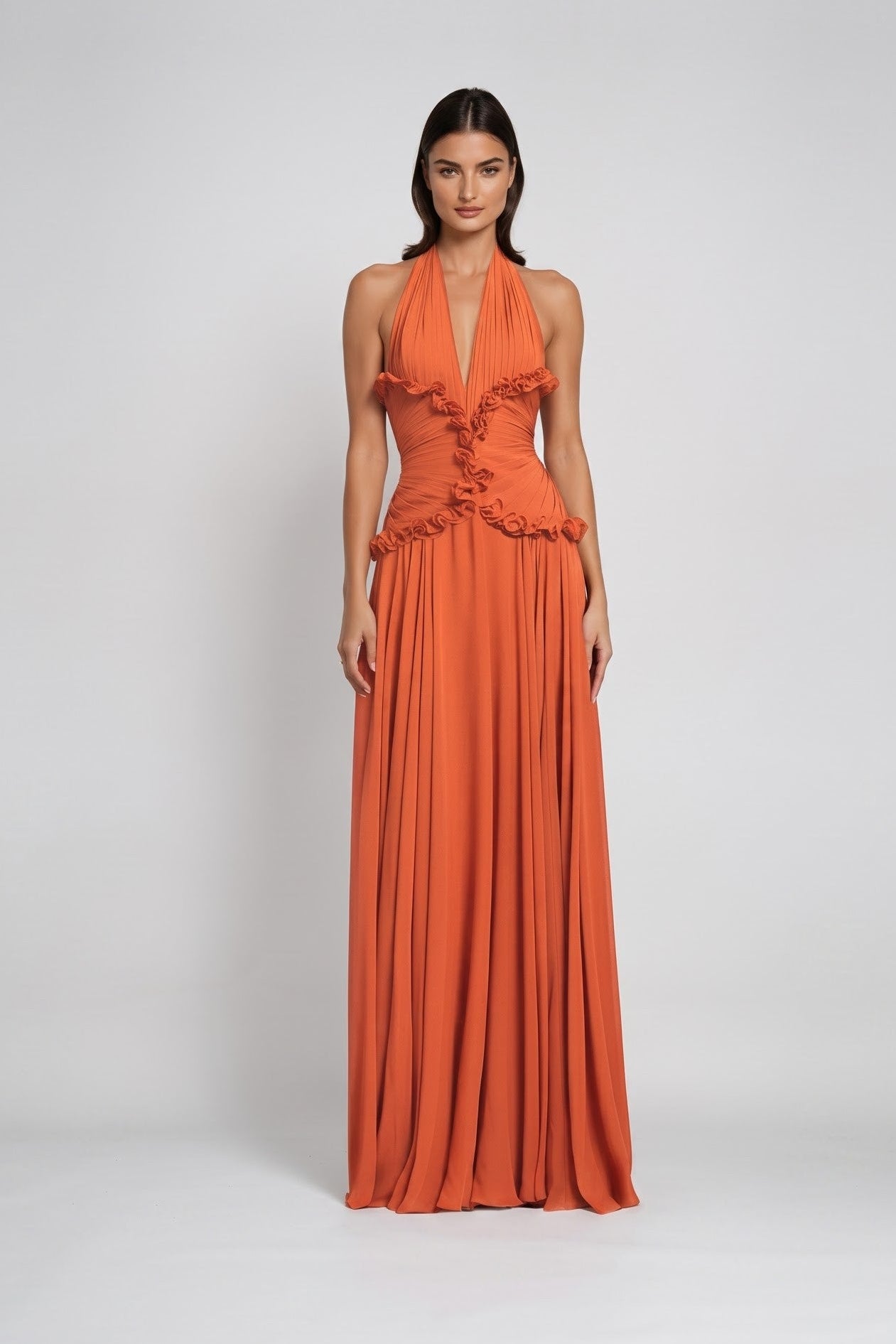 Orange Rüschen-Maxikleid