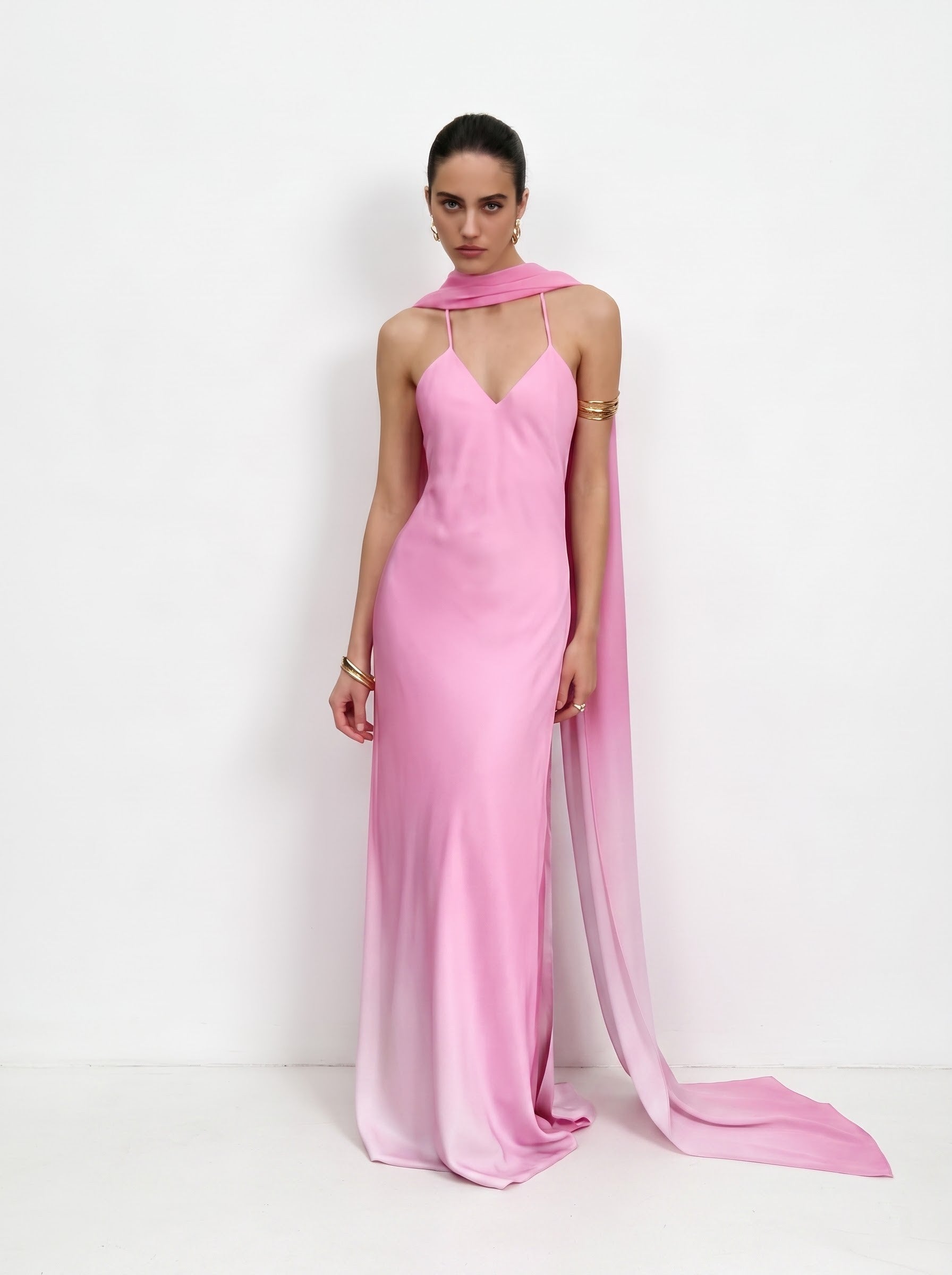 Pink Ombre Cape Backless Maxi Dress