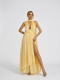 Gelbes, rückenfreies V-Ausschnitt Maxikleid