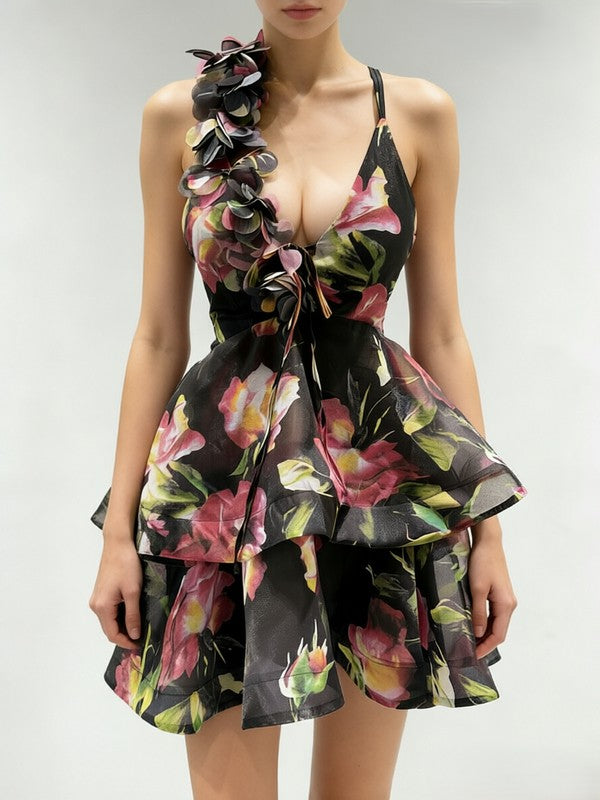 3D Flower Black Halter Layered Mini Dress