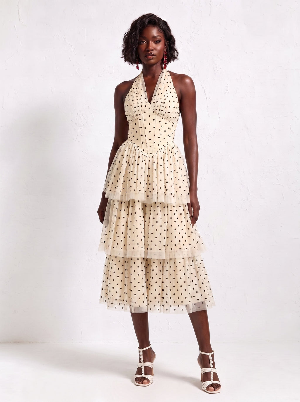Polka Dot Halter Tiered Midi Dress