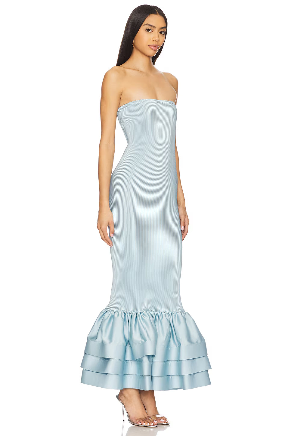 Elegant Ice Blue Bandeau Ruffle Hem Bodycon Dress